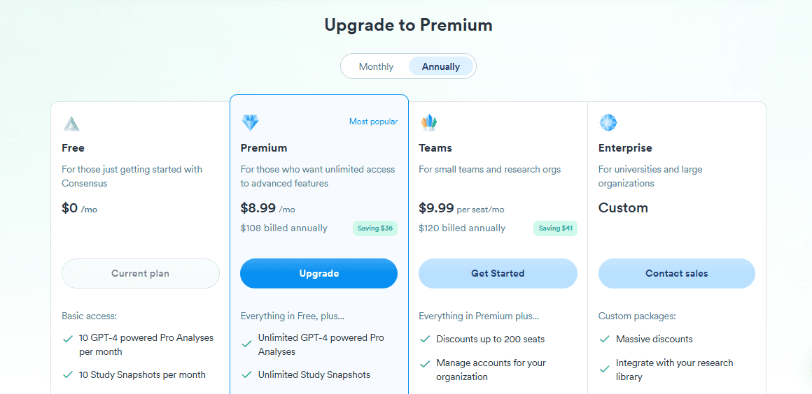 Consensus Pricing Screenshot by best free ai tools teams